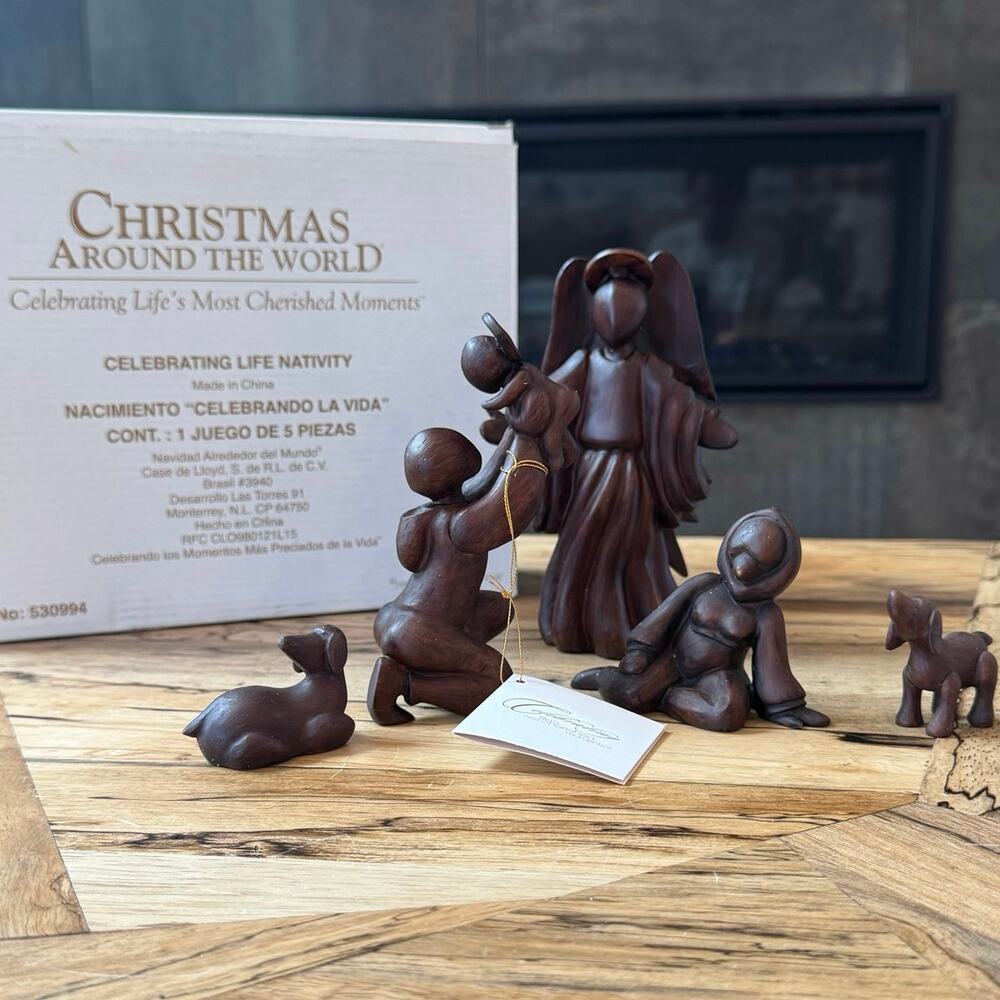 1999 Celebrating Life Nativity Set House of Lloyd Abstract Faux Wood 5 Piece Set